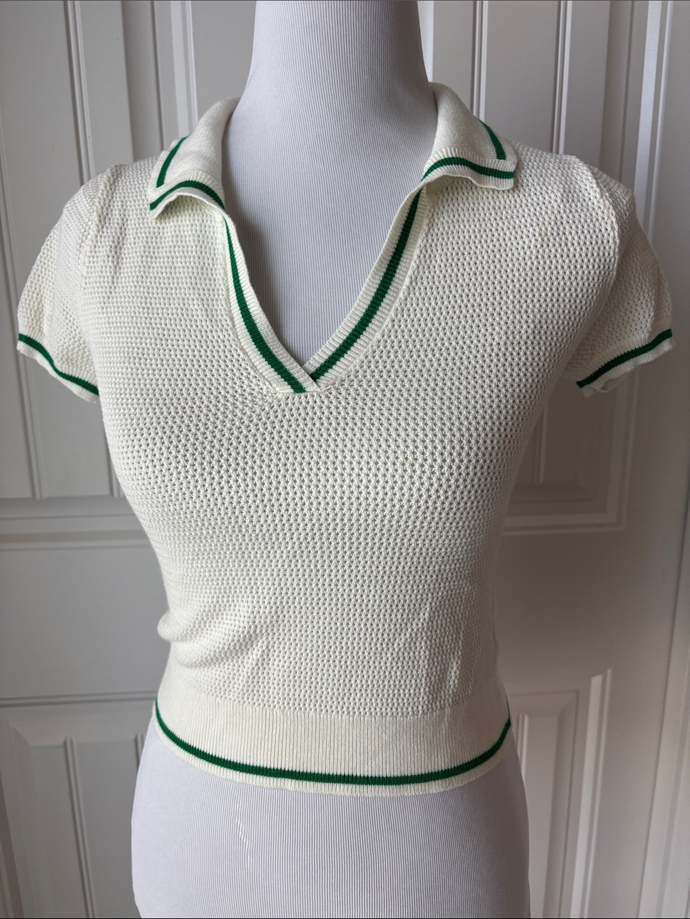 Sincerely Jules Cream Knit Polo Top with Green Trim
